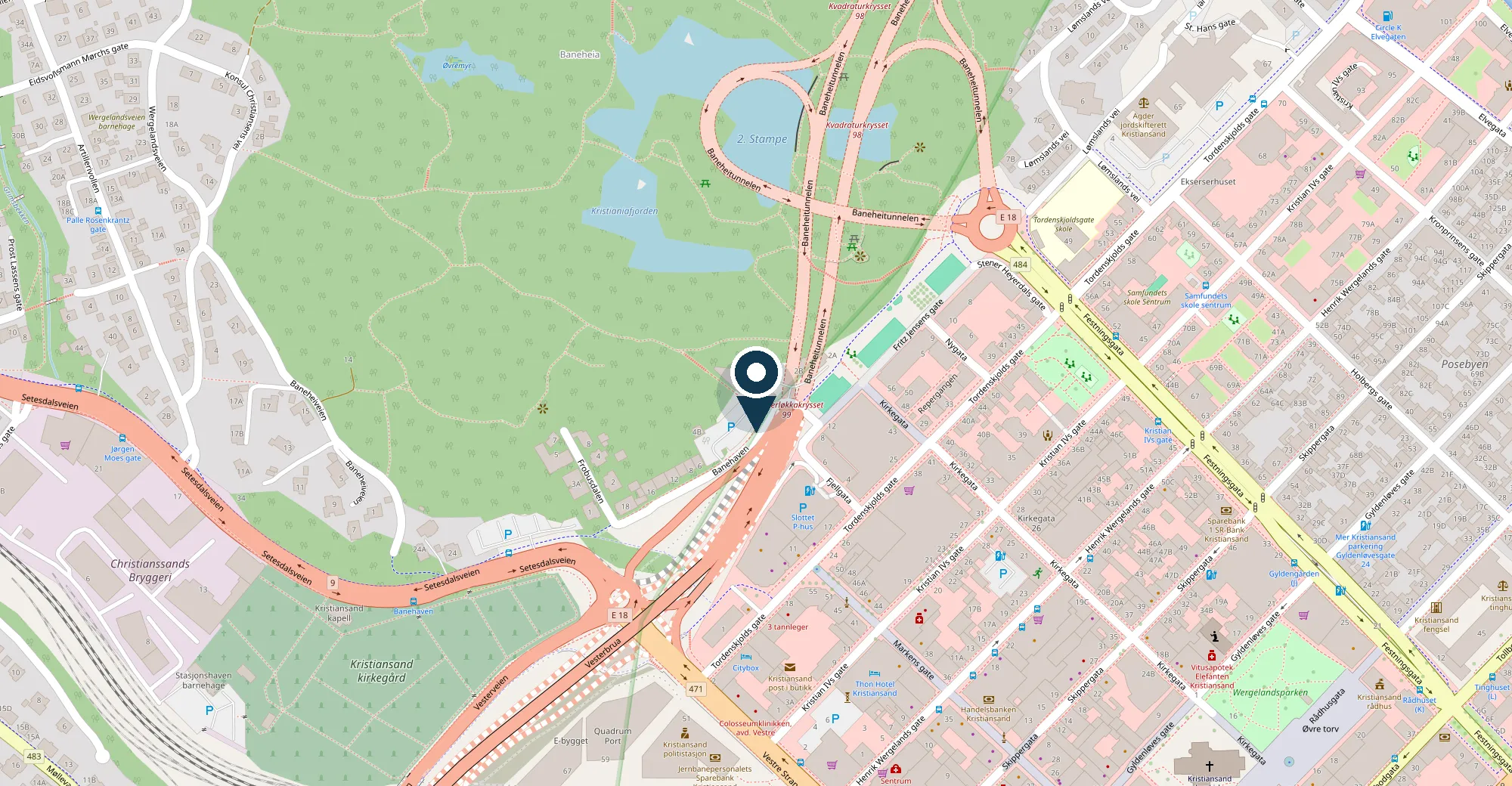 Kart som viser Banehaven 4A i Kvadraturen i Kristiansand, mellom Setesdalsveien og Baneheia.